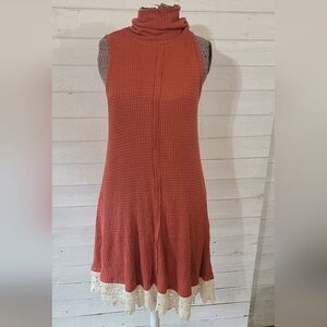 ALTAR'D STATE Orange Waffle Mock Neck Midi Pullover Dress Stretch Lace Trim SZ S